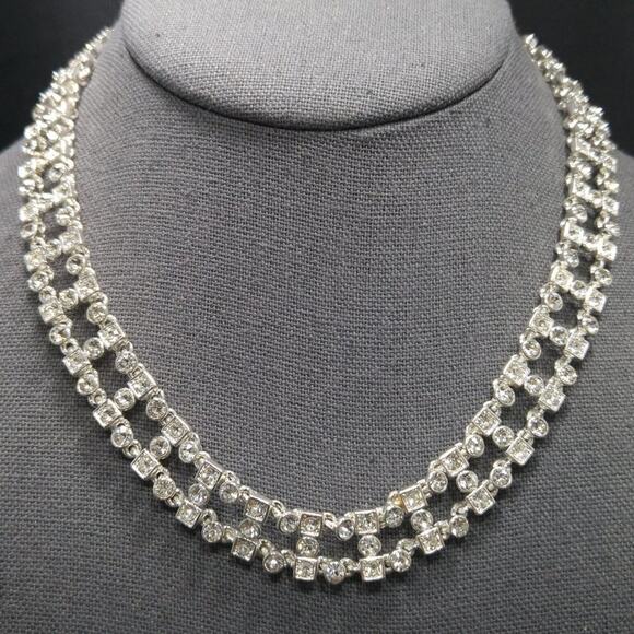 Art Deco Style Choker Necklace, Clear Rhinestones, 18 Inches, Hook Clasp - Picture 4 of 7